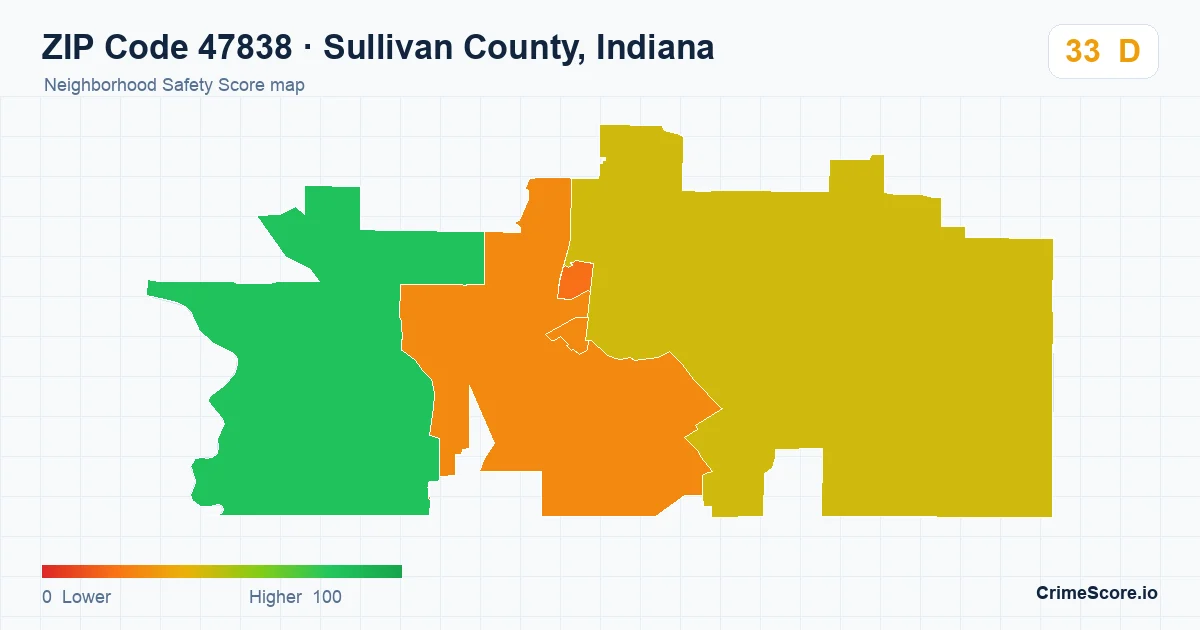 ZIP Code 47838 in Sullivan County, Indiana neighborhood Safety Score map