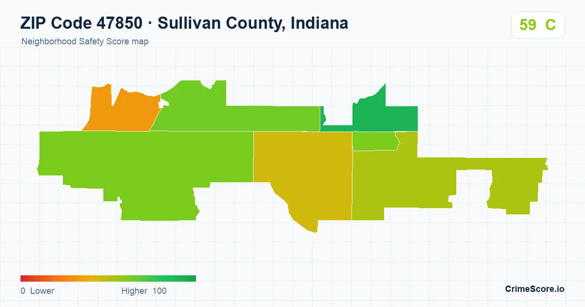 ZIP Code 47850 in Sullivan County, Indiana neighborhood Safety Score map