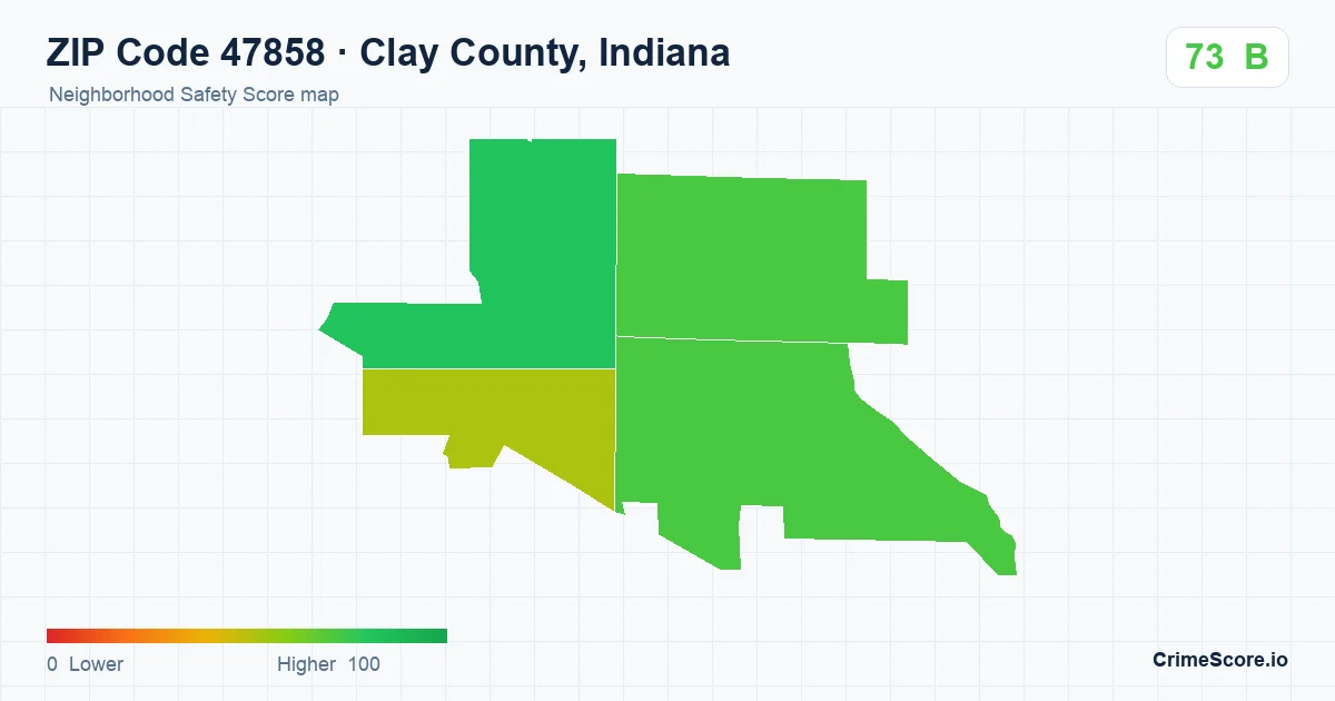 ZIP Code 47858 in Clay County, Indiana neighborhood Safety Score map