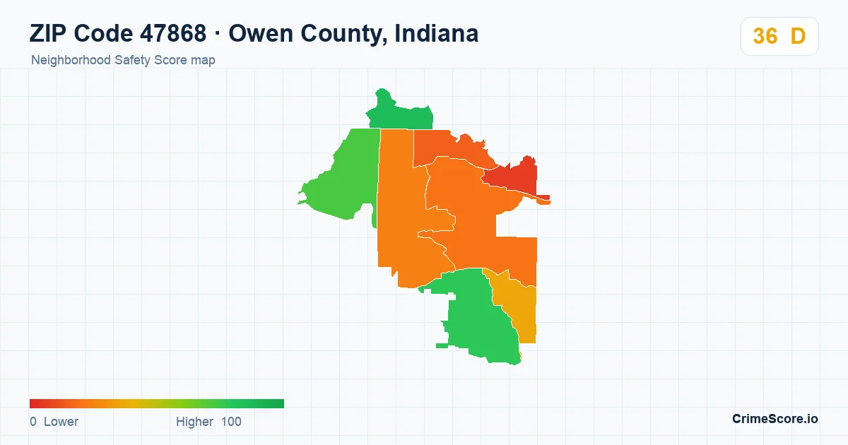 ZIP Code 47868 in Owen County, Indiana neighborhood Safety Score map