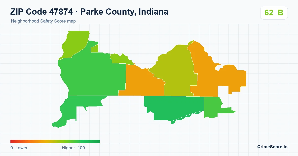 ZIP Code 47874 in Parke County, Indiana neighborhood Safety Score map