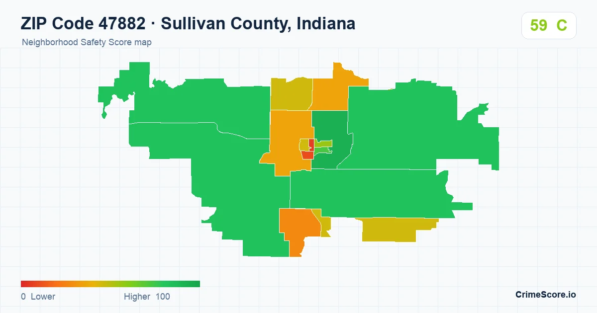 ZIP Code 47882 in Sullivan County, Indiana neighborhood Safety Score map