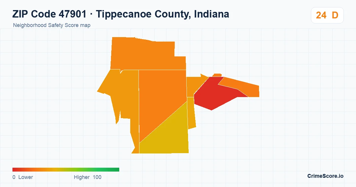 ZIP Code 47901 in Tippecanoe County, Indiana neighborhood Safety Score map