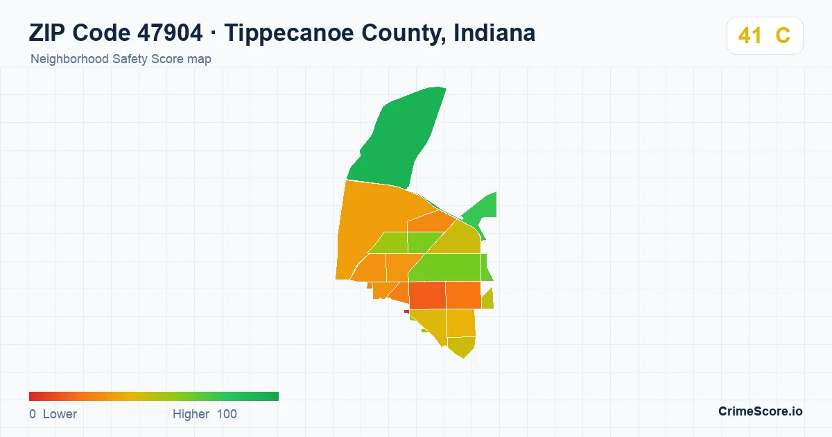 ZIP Code 47904 in Tippecanoe County, Indiana neighborhood Safety Score map