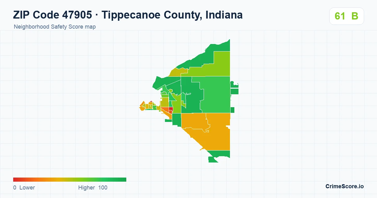 ZIP Code 47905 in Tippecanoe County, Indiana neighborhood Safety Score map