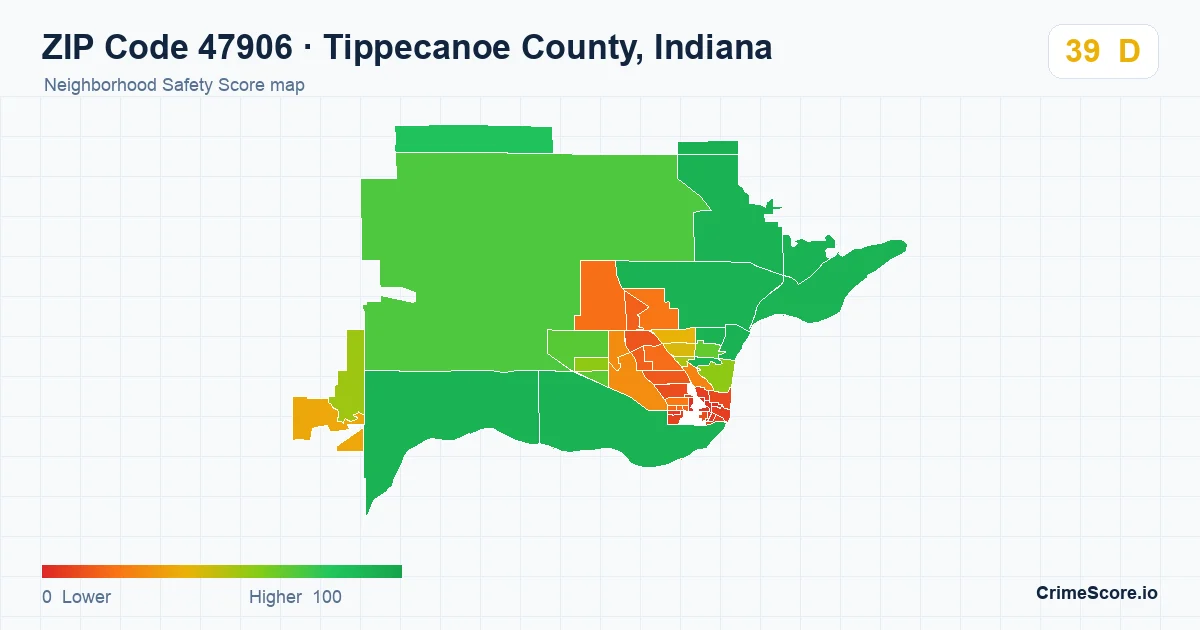 ZIP Code 47906 in Tippecanoe County, Indiana neighborhood Safety Score map