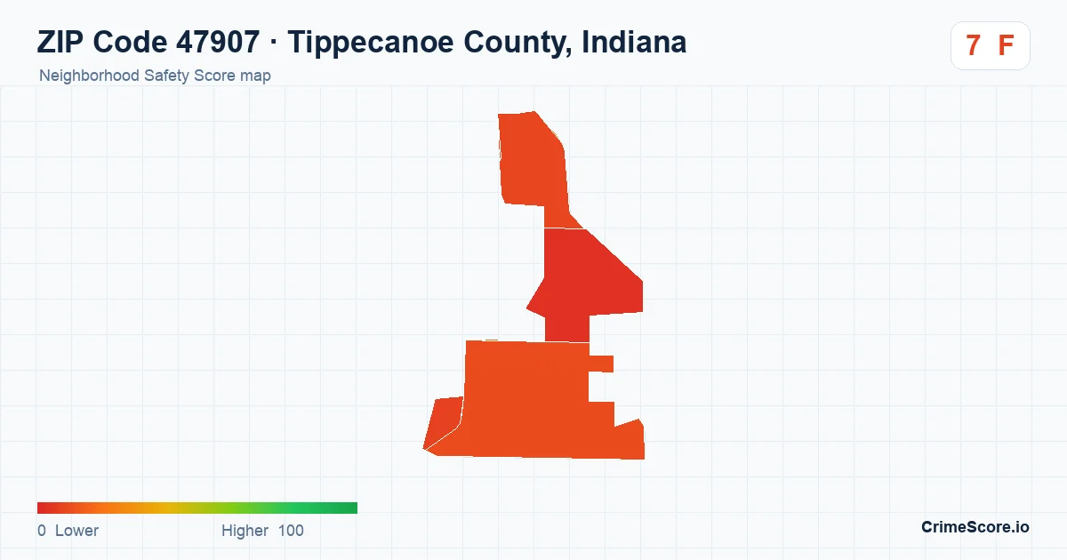 ZIP Code 47907 in Tippecanoe County, Indiana neighborhood Safety Score map