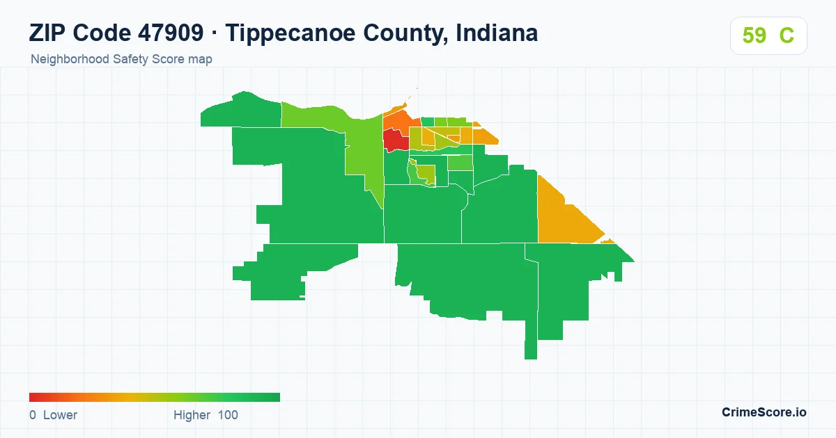 ZIP Code 47909 in Tippecanoe County, Indiana neighborhood Safety Score map