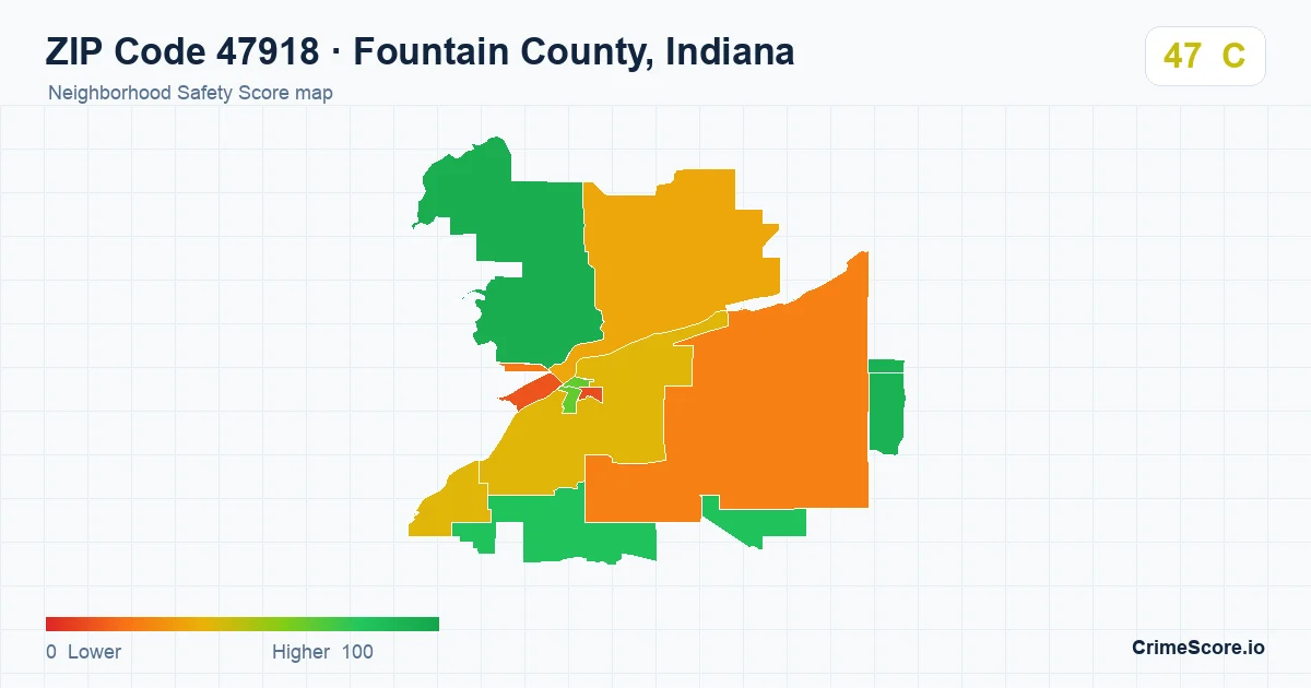 ZIP Code 47918 in Fountain County, Indiana neighborhood Safety Score map