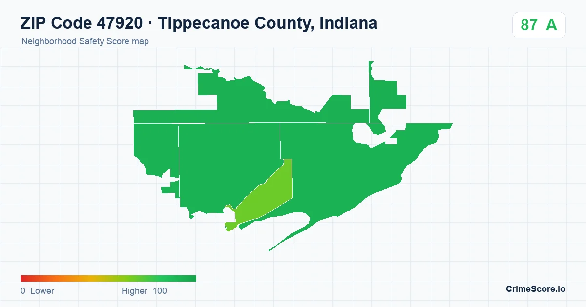 ZIP Code 47920 in Tippecanoe County, Indiana neighborhood Safety Score map