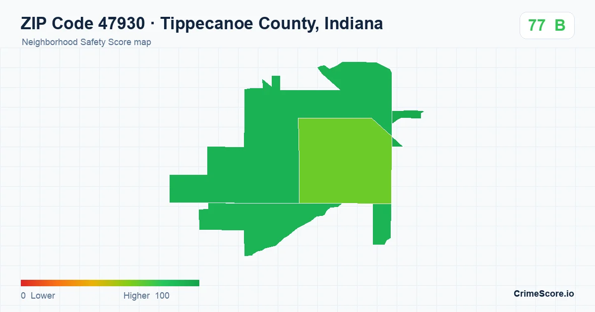ZIP Code 47930 in Tippecanoe County, Indiana neighborhood Safety Score map