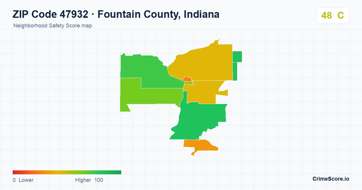 ZIP Code 47932 in Fountain County, Indiana neighborhood Safety Score map