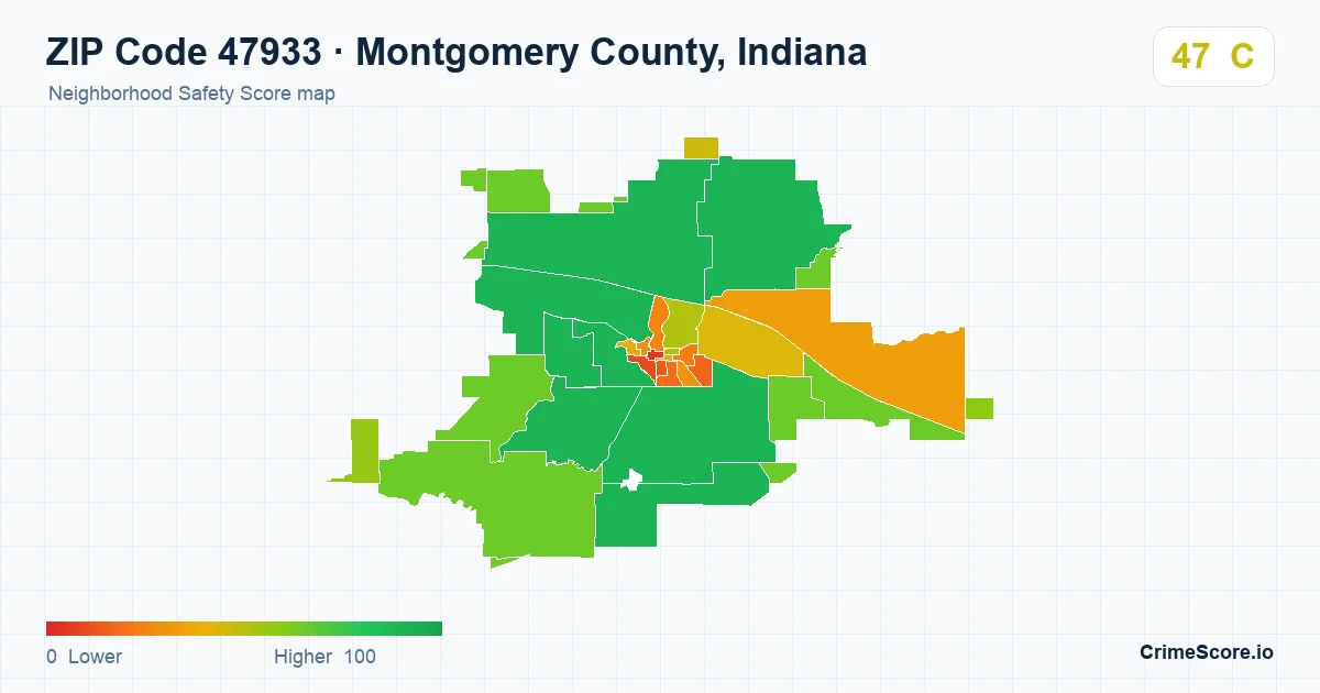 ZIP Code 47933 in Montgomery County, Indiana neighborhood Safety Score map