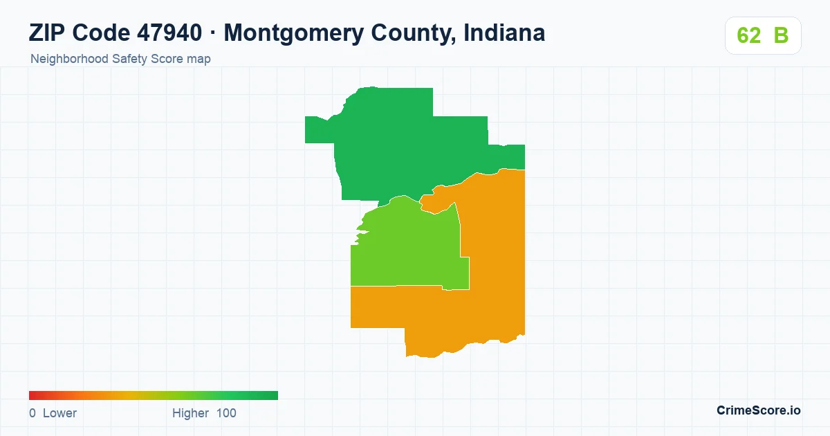 ZIP Code 47940 in Montgomery County, Indiana neighborhood Safety Score map