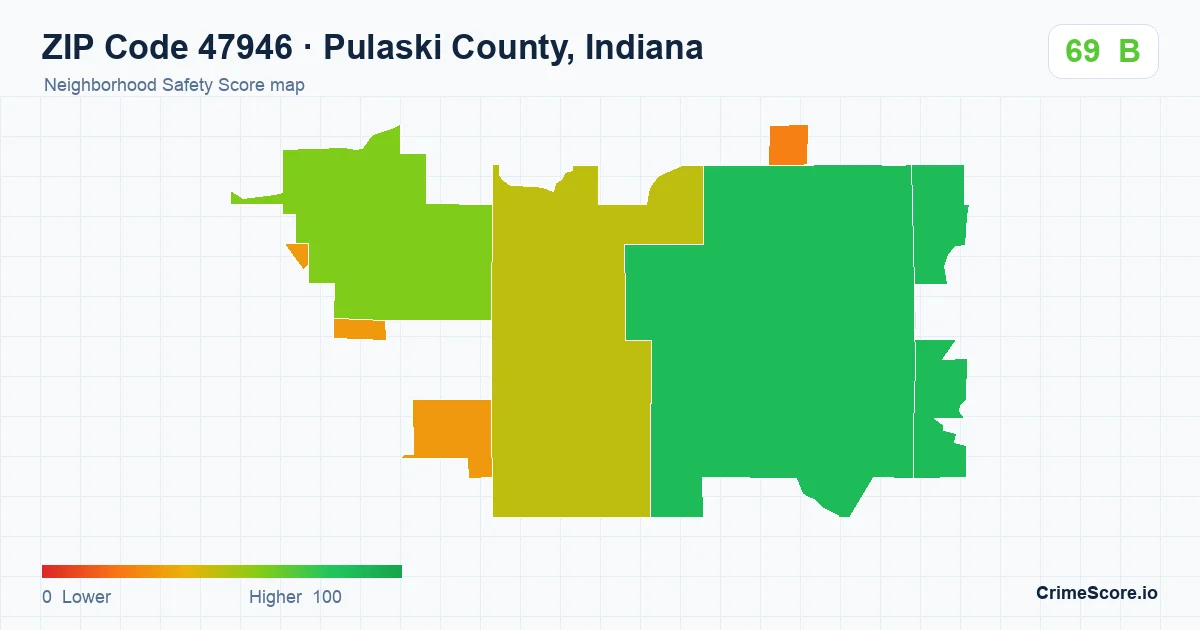 ZIP Code 47946 in Pulaski County, Indiana neighborhood Safety Score map