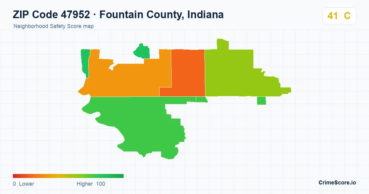 ZIP Code 47952 in Fountain County, Indiana neighborhood Safety Score map