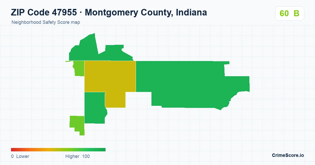 ZIP Code 47955 in Montgomery County, Indiana neighborhood Safety Score map