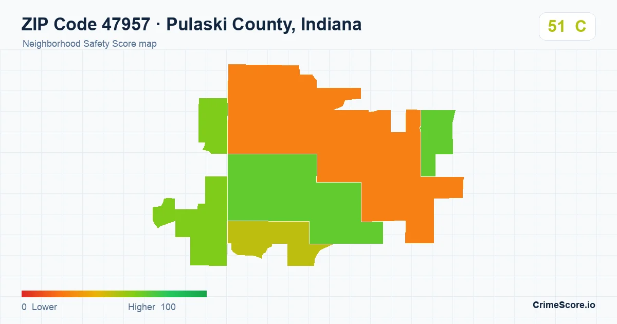 ZIP Code 47957 in Pulaski County, Indiana neighborhood Safety Score map