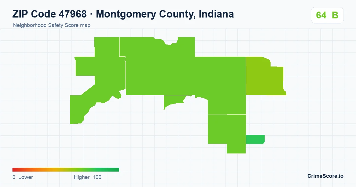 ZIP Code 47968 in Montgomery County, Indiana neighborhood Safety Score map