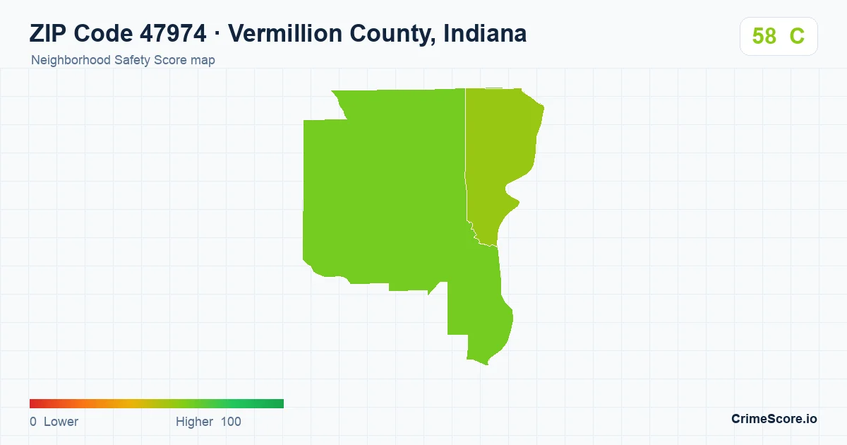 ZIP Code 47974 in Vermillion County, Indiana neighborhood Safety Score map