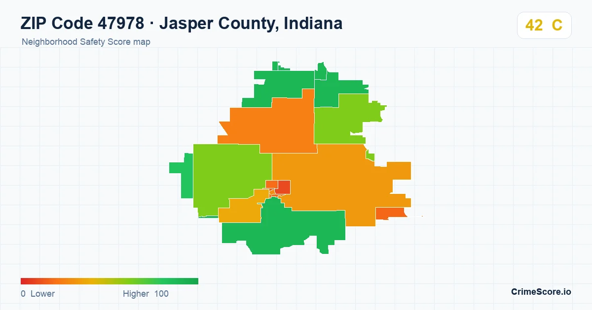 ZIP Code 47978 in Jasper County, Indiana neighborhood Safety Score map