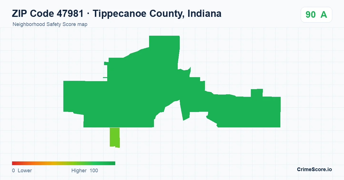 ZIP Code 47981 in Tippecanoe County, Indiana neighborhood Safety Score map