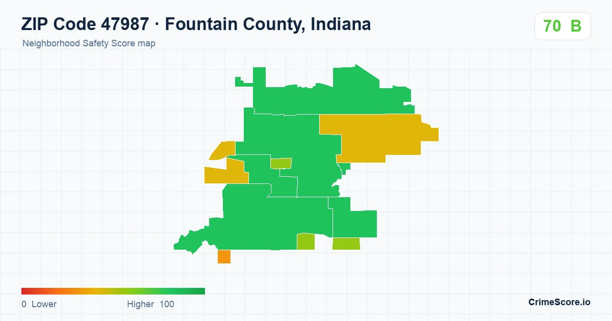ZIP Code 47987 in Fountain County, Indiana neighborhood Safety Score map