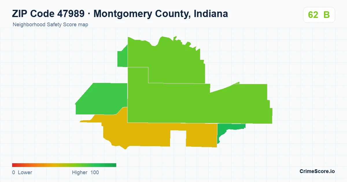 ZIP Code 47989 in Montgomery County, Indiana neighborhood Safety Score map