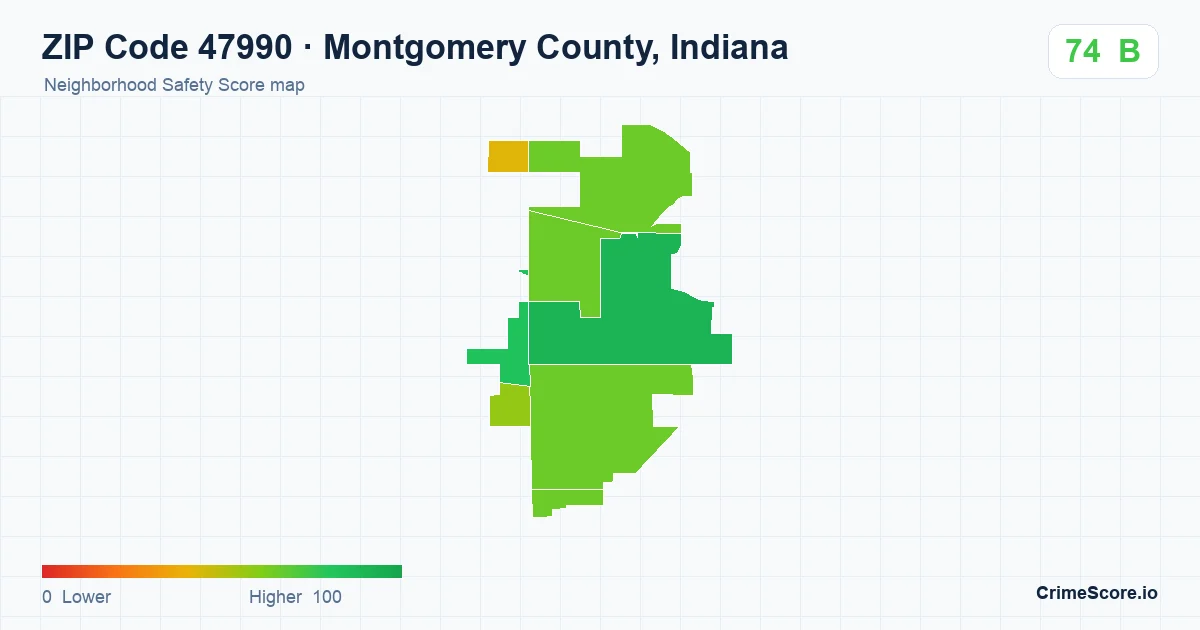 ZIP Code 47990 in Montgomery County, Indiana neighborhood Safety Score map