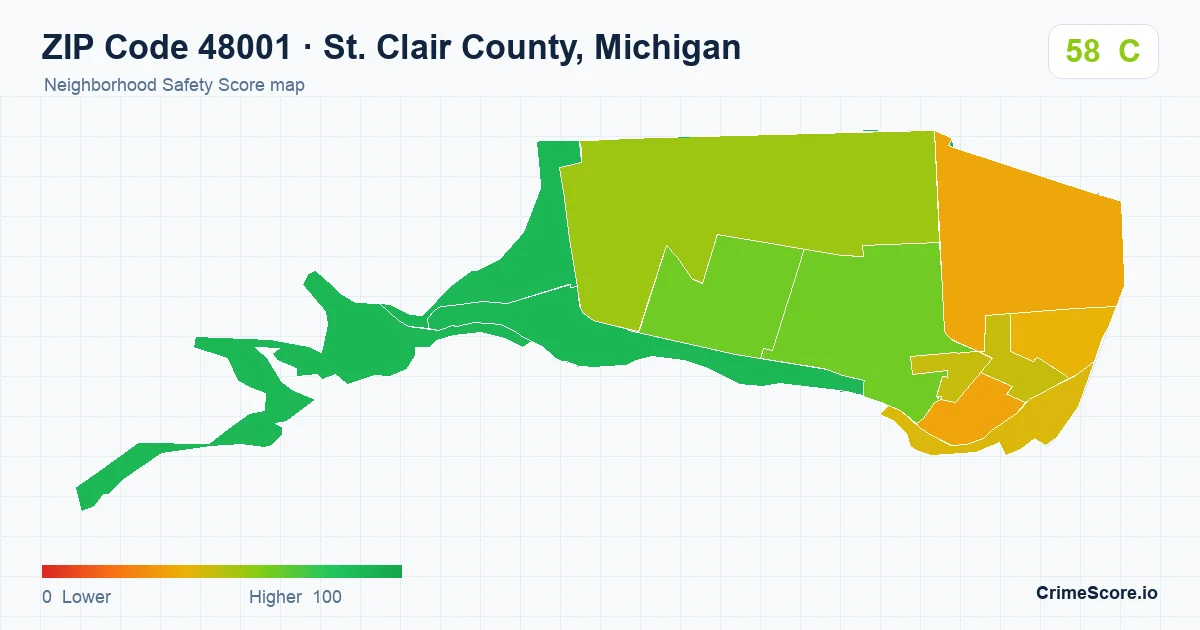 ZIP Code 48001 in St. Clair County, Michigan neighborhood Safety Score map