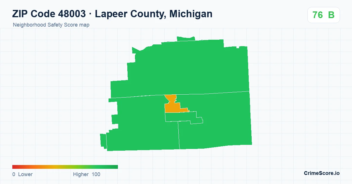 ZIP Code 48003 in Lapeer County, Michigan neighborhood Safety Score map