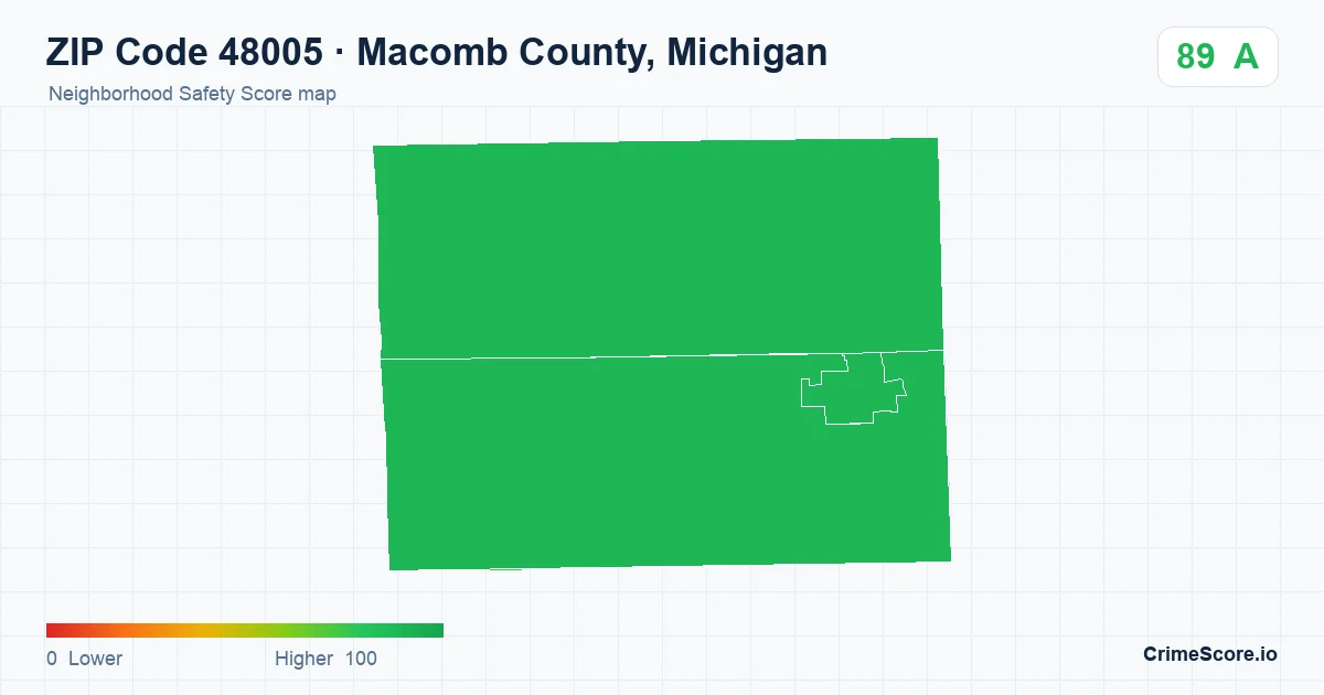 ZIP Code 48005 in Macomb County, Michigan neighborhood Safety Score map