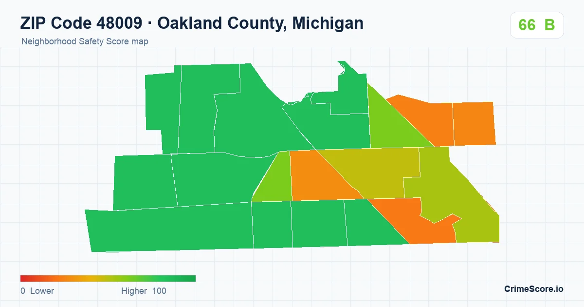 ZIP Code 48009 in Oakland County, Michigan neighborhood Safety Score map