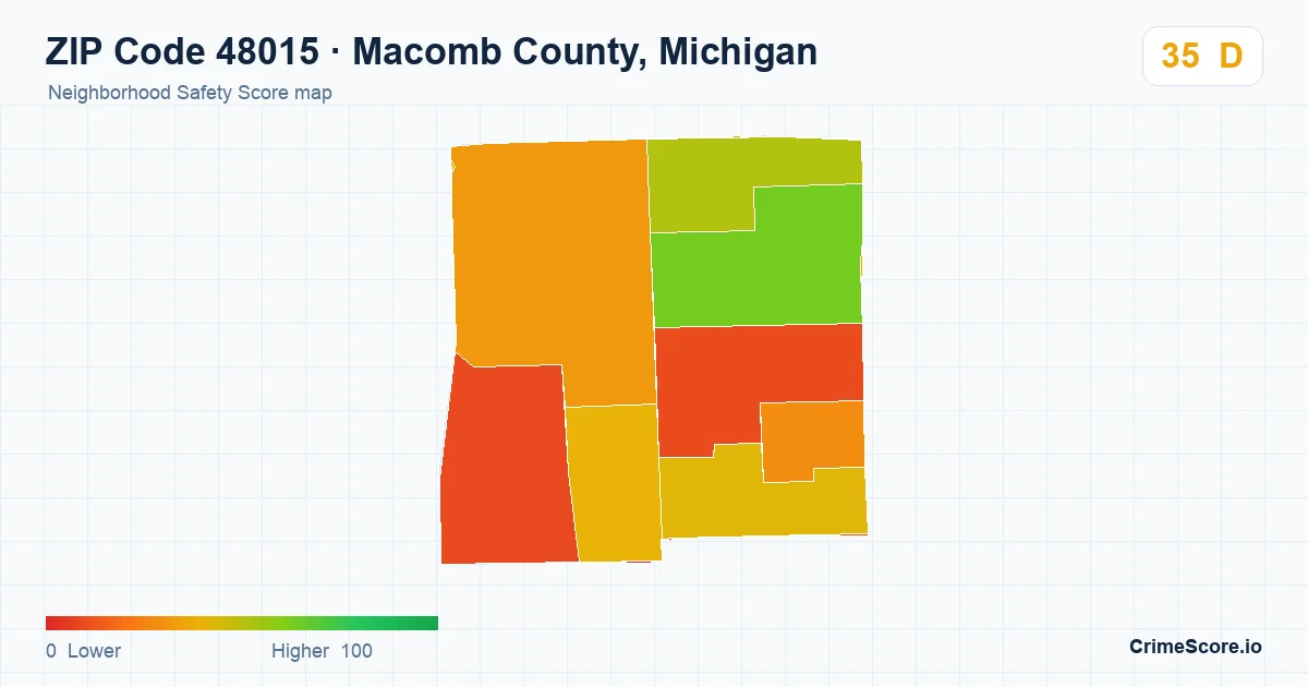 ZIP Code 48015 in Macomb County, Michigan neighborhood Safety Score map
