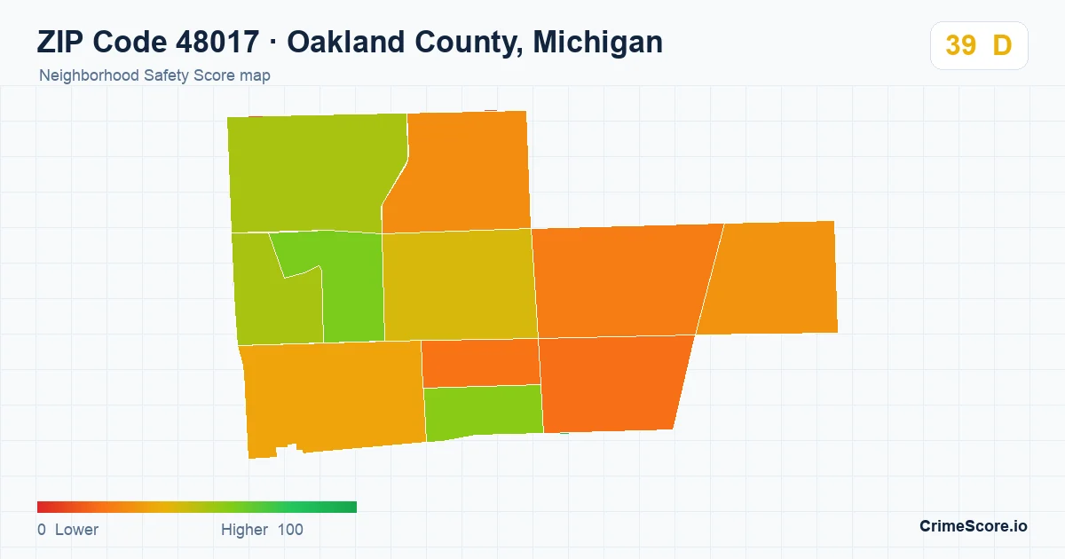 ZIP Code 48017 in Oakland County, Michigan neighborhood Safety Score map