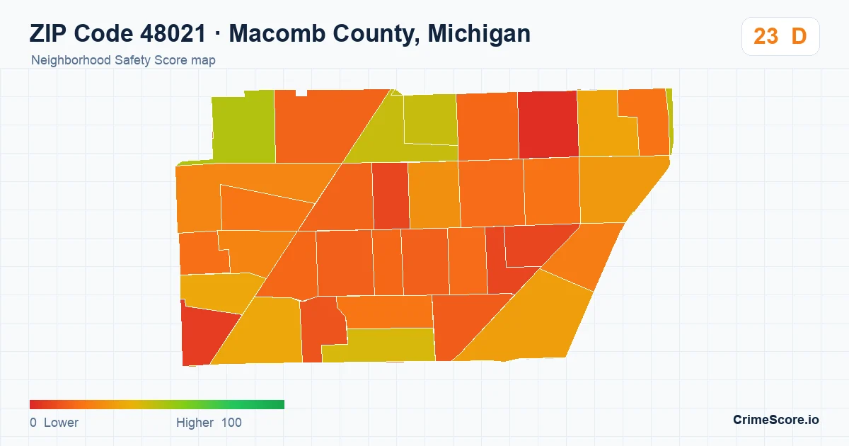 ZIP Code 48021 in Macomb County, Michigan neighborhood Safety Score map