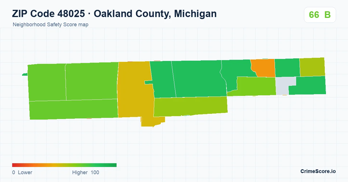 ZIP Code 48025 in Oakland County, Michigan neighborhood Safety Score map