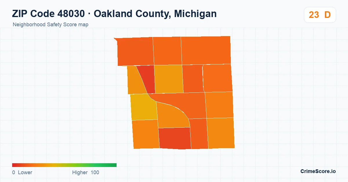 ZIP Code 48030 in Oakland County, Michigan neighborhood Safety Score map