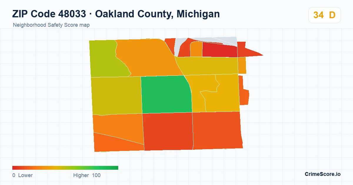 ZIP Code 48033 in Oakland County, Michigan neighborhood Safety Score map