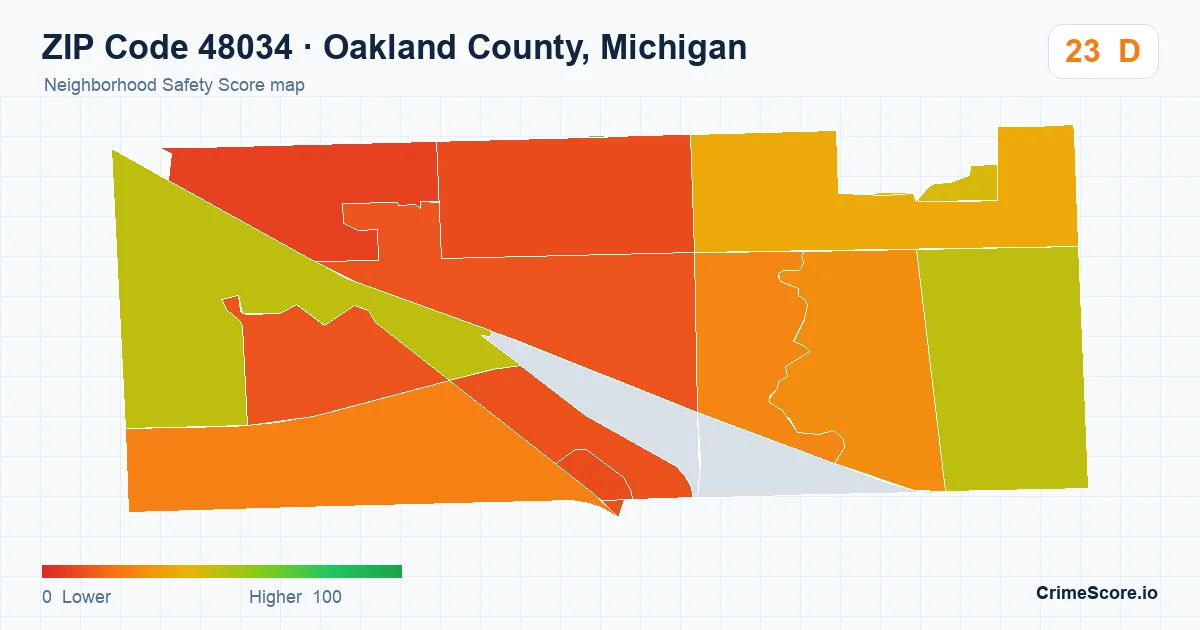 ZIP Code 48034 in Oakland County, Michigan neighborhood Safety Score map