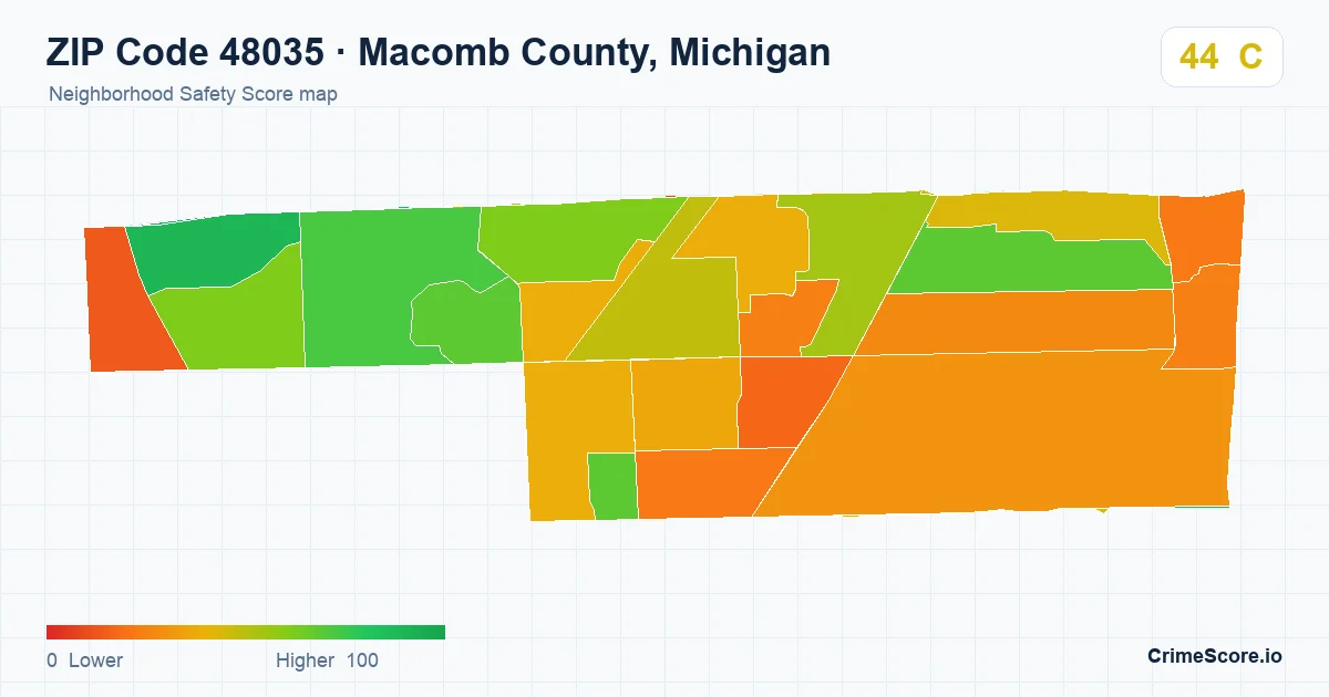 ZIP Code 48035 in Macomb County, Michigan neighborhood Safety Score map