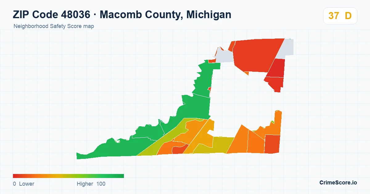 ZIP Code 48036 in Macomb County, Michigan neighborhood Safety Score map
