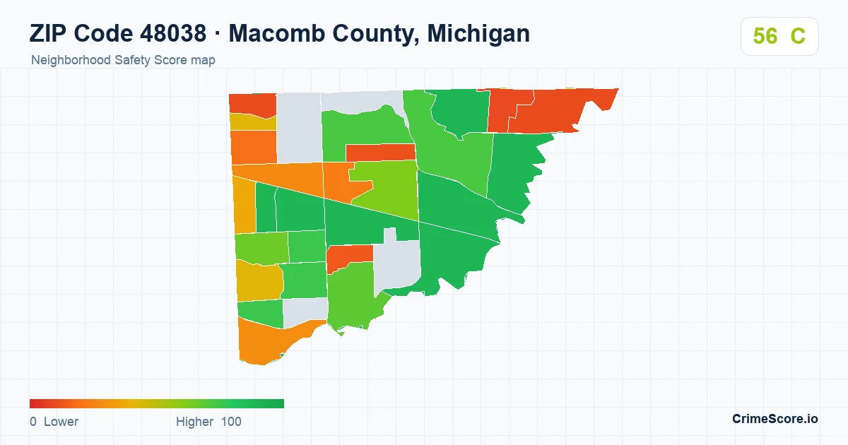 ZIP Code 48038 in Macomb County, Michigan neighborhood Safety Score map
