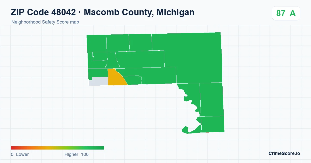 ZIP Code 48042 in Macomb County, Michigan neighborhood Safety Score map