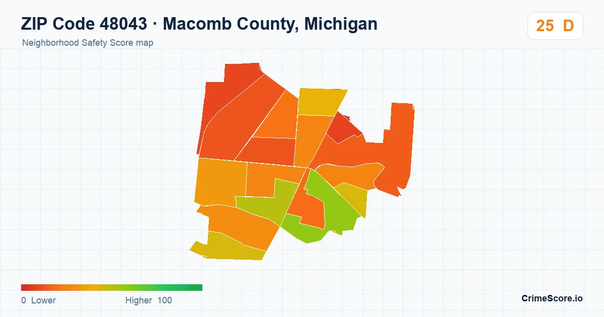 ZIP Code 48043 in Macomb County, Michigan neighborhood Safety Score map