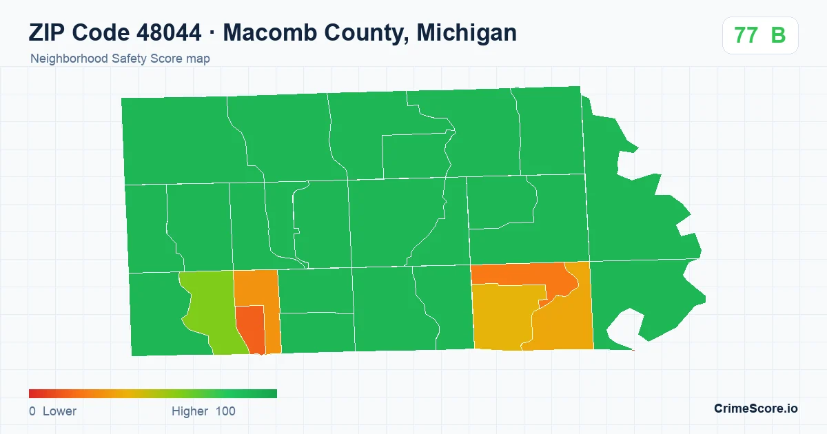 ZIP Code 48044 in Macomb County, Michigan neighborhood Safety Score map