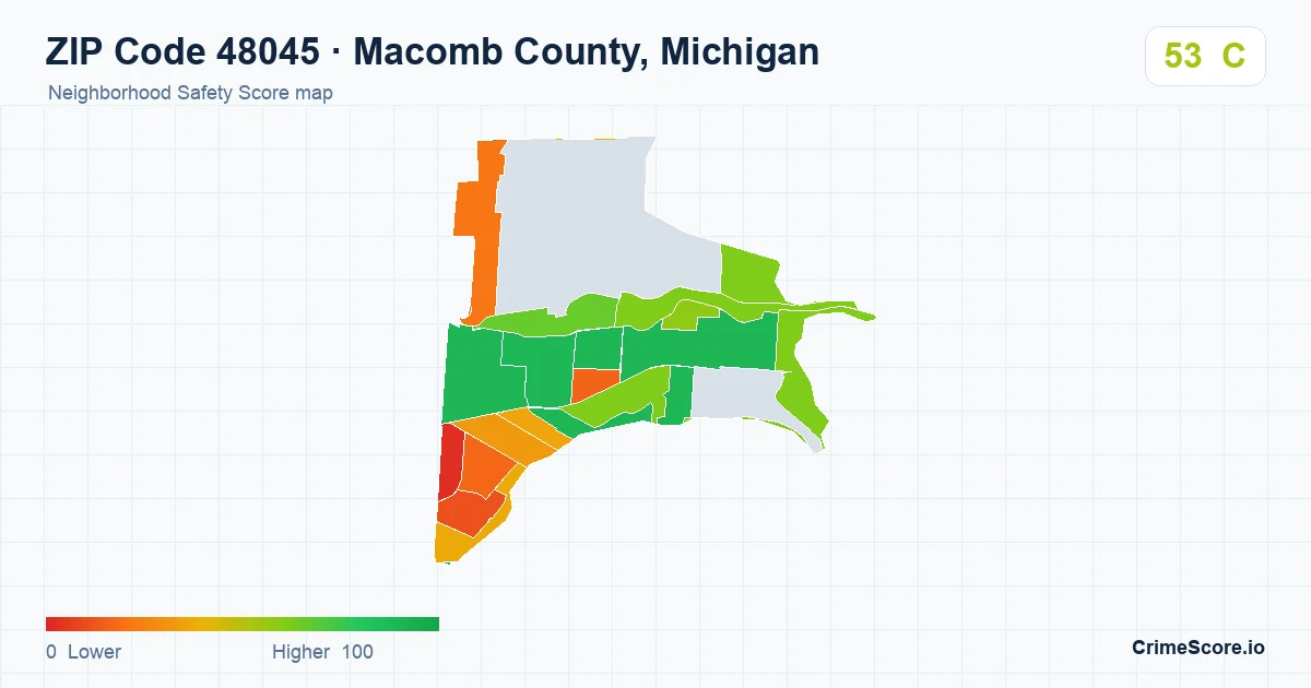 ZIP Code 48045 in Macomb County, Michigan neighborhood Safety Score map