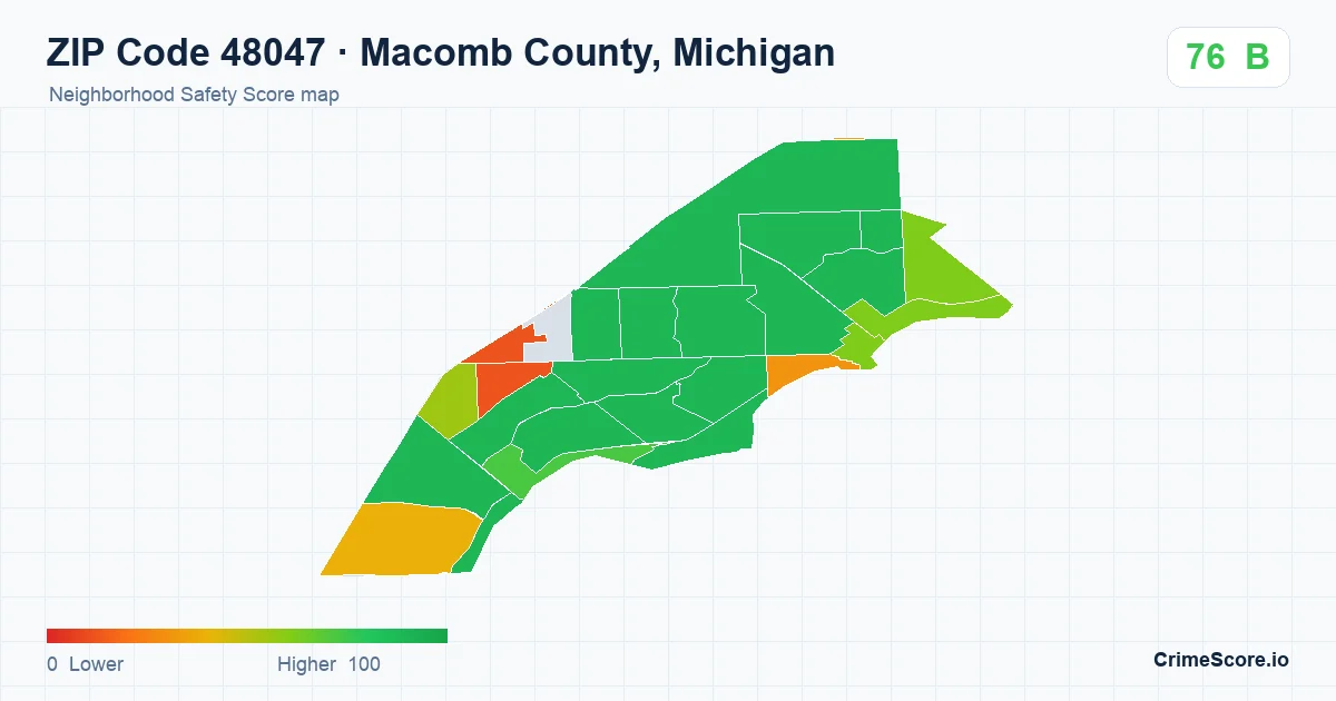 ZIP Code 48047 in Macomb County, Michigan neighborhood Safety Score map