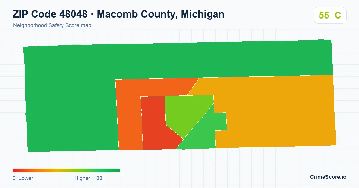 ZIP Code 48048 in Macomb County, Michigan neighborhood Safety Score map
