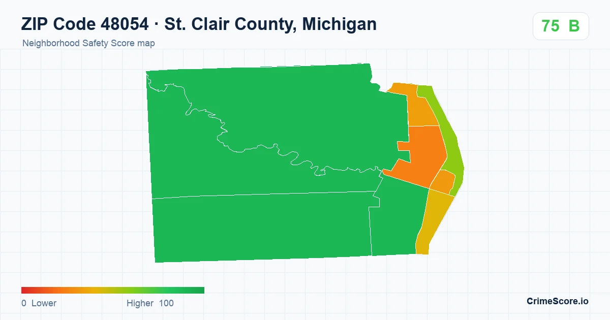 ZIP Code 48054 in St. Clair County, Michigan neighborhood Safety Score map